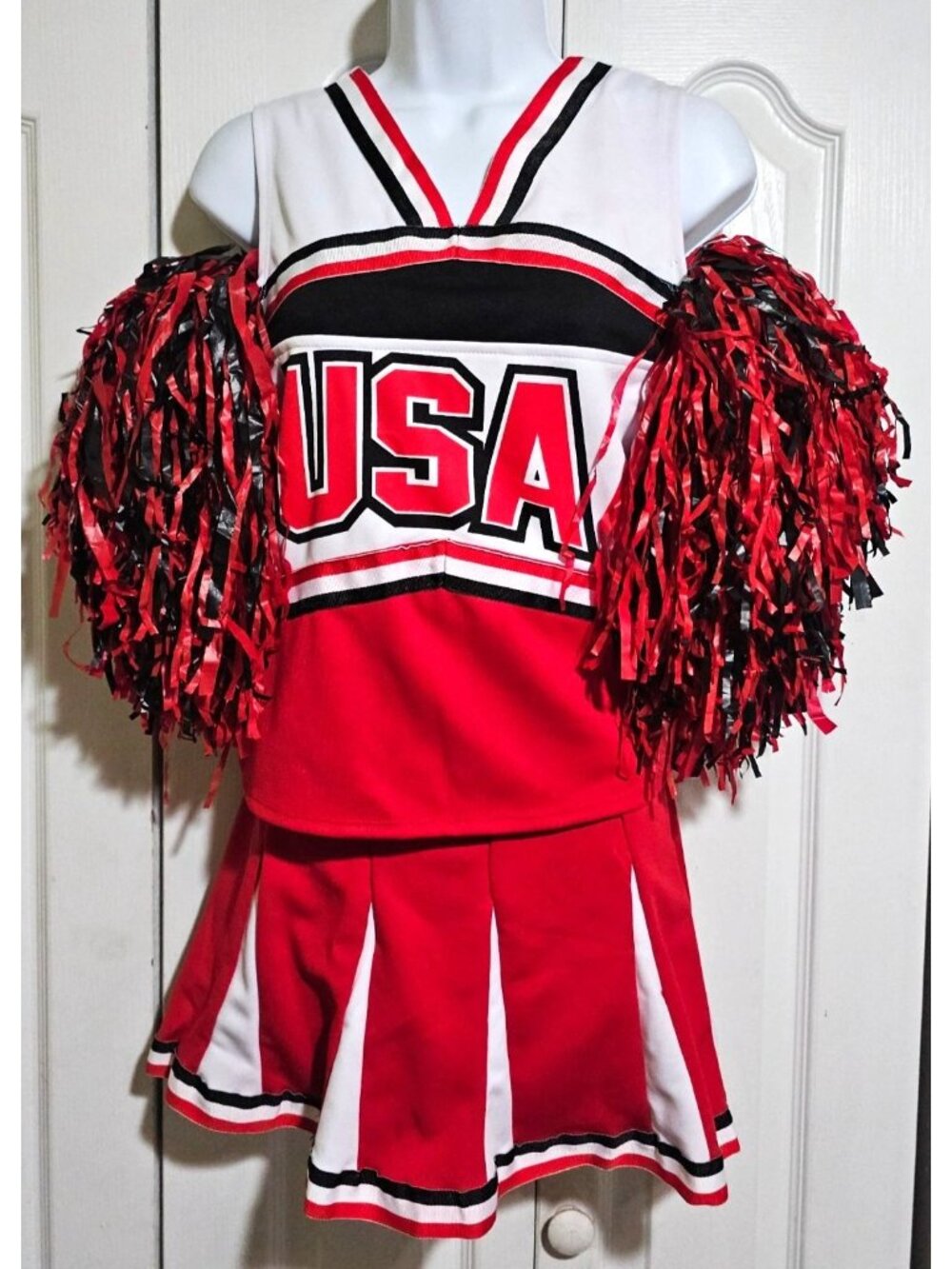 Cheerleader Adult Costume Red White USA Cheerleading Uniform Cheer Pom Halloween